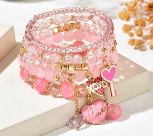 5 PIECE PINK & GOLD BRACELET SET